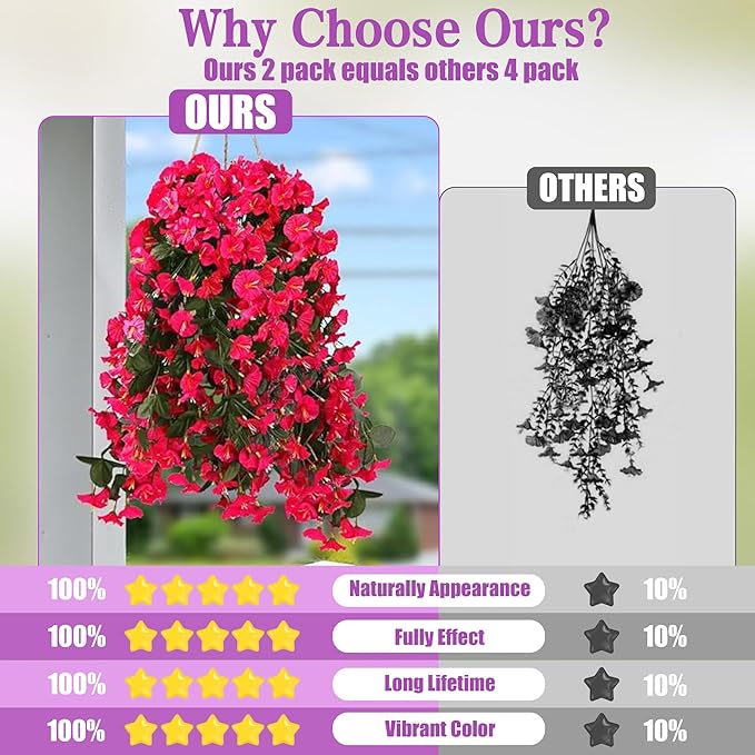 Sggvecsy Artificial Fake Hanging Flowers Plants for Outdoor Outside Spring Summer Decoration 4PCS Faux Silk UV Resistant Realistic Morning Glory Trailing Vines for Home Porch Patio Balcony(Rose red)
