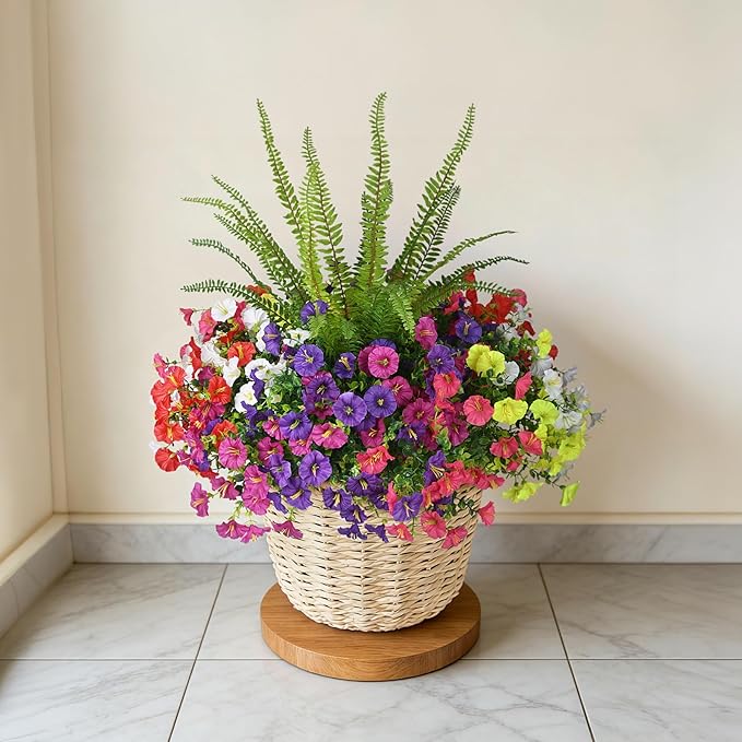 Hrobek Artificial Flowers for Outdoors Faux Plants Outside Indoor,UV Resistant Silk Fake Morning Glory Tall Ferns for Home Patio Garden Yard Front Porch Decor (13 Bunches,7 Multi Colors)