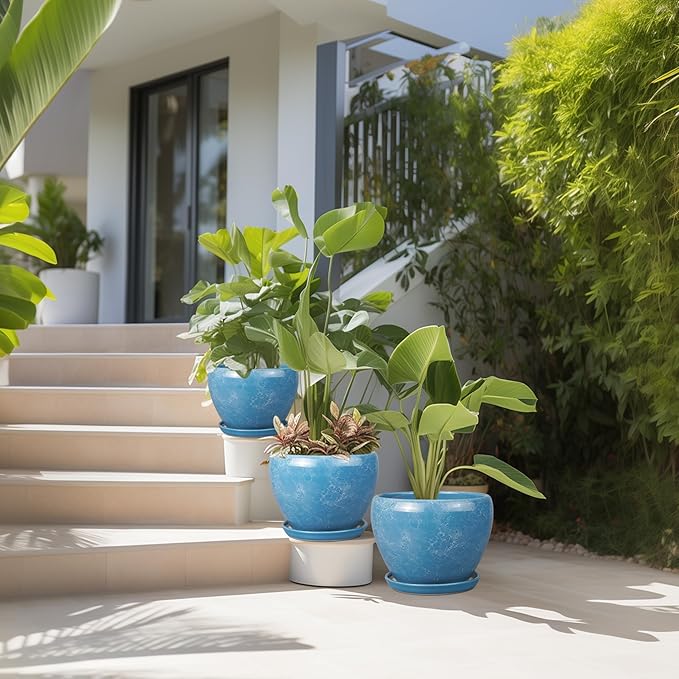 Ceramic Plant Pots - 10+8+6 Inch Modern Round Planters for Indoor Outdoor with Drainage Holes and Plant Saucers, Room Patio House Office Decor, Gardening Gifts for Women Men, Set of 3, Blue