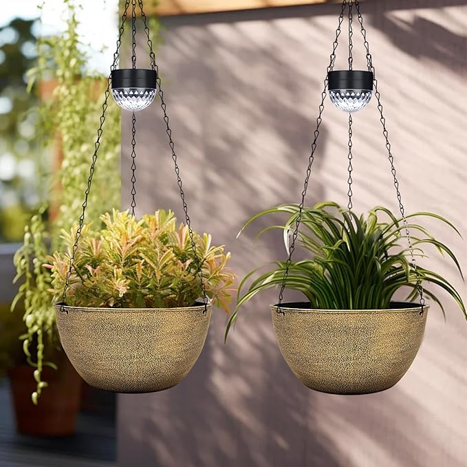 BAYN 2 Packs Solar Hanging Basket Planters for Plants Outdoor, Self Watering Copper Flower Plants Pots with Solar Light Drainer for Balcony Patio Garden Outdoor Decoration
