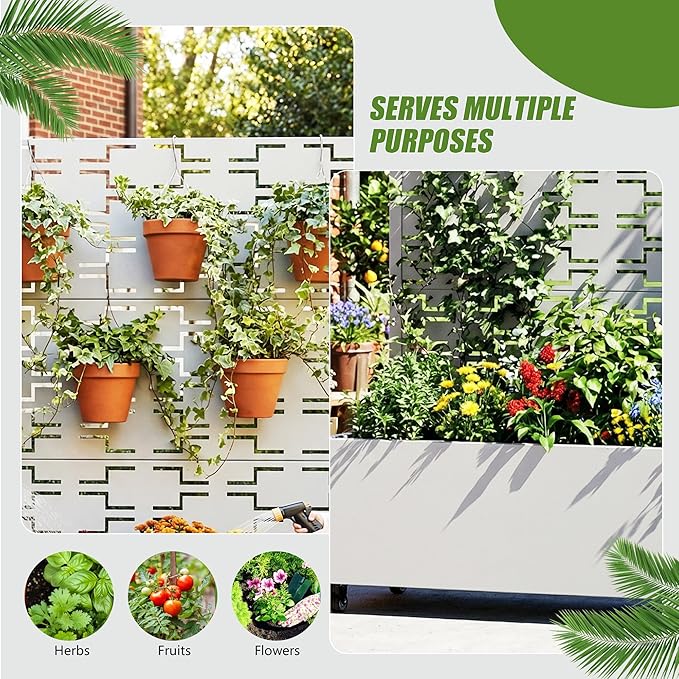 Casaphoria Metal Raised Garden Bed with Trellis and Wheels, 47"x47"x16" Planter Box for Climbing Plants, Vegetables & Vines, Features Drainage Holes and Privacy Screen, White-Brick