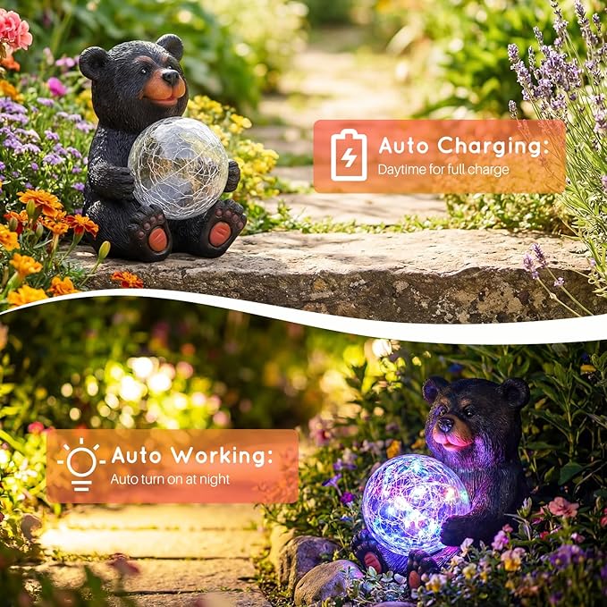 Lavezee Black Bear Statue Outdoor Garden Decor, Bear Figurine Holding Glowing Orb for Garden, Patio, Yard Decor