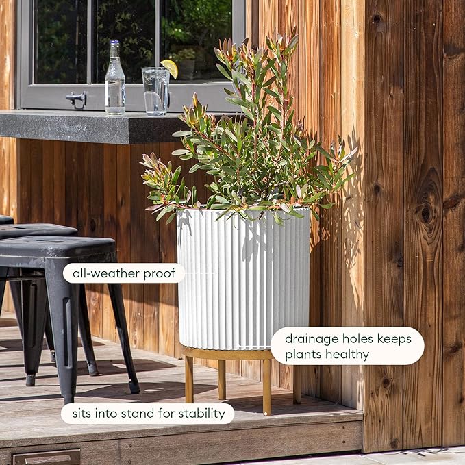 Veradek Demi Series Round Planter w/ Stand for Porch/Patio | Durable Plastic-Concrete & Wooden Stand | Modern Décor for Tall Plants, Flowers