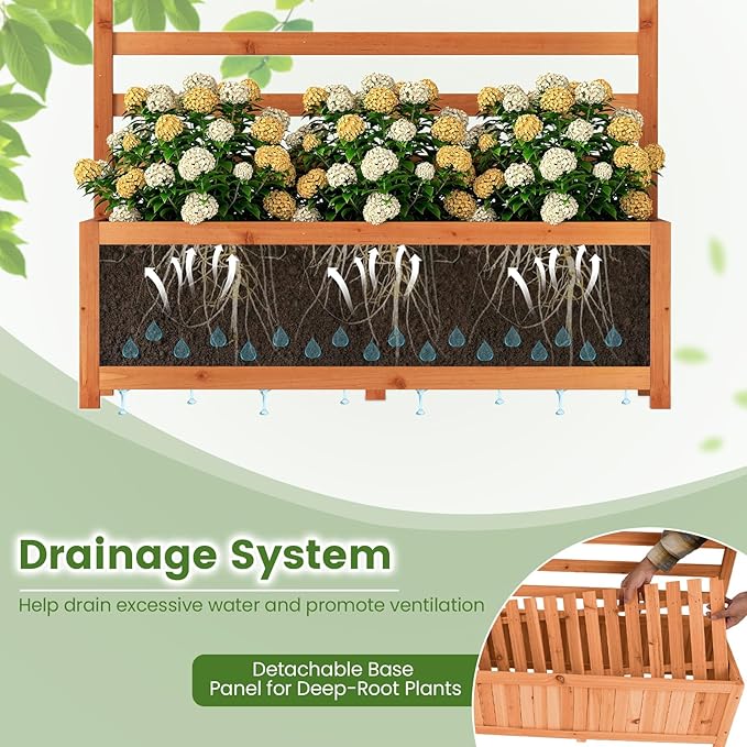 HAPPYGRILL Raised Garden Bed with Trellis, 59" Tall Wooden Elevated Planter Box w/Liner, Drainage, Detachable Base Panel for Climbing Plant Vine Flower, Outdoor Planter w/Trellis for Patio (1)