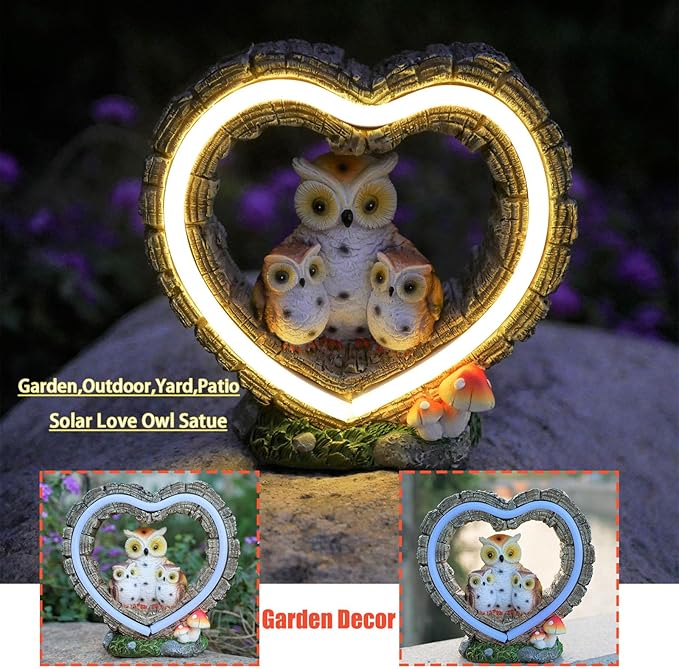 Solar Owl Garden Statue, Outdoor Waterproof Handmade Resin Statue Solar LED Lights, Warm Owl Family Decoration, Suitable for Roads, Yards, lawns