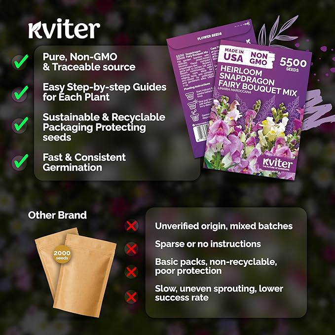 KVITER 5,500 Fairy Bouquet Mix Snapdragon Seeds for Planting (Linaria Maroccana) – Known as Toadflax, Heirloom & Organic – Flower Seeds to Plant Outside & Inside – Garden, Containers, Borders, Beds