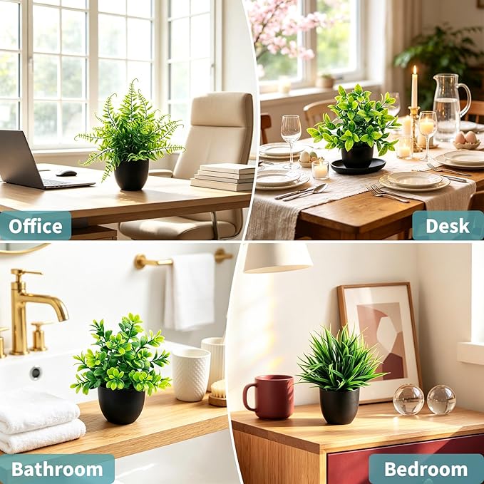 4 Pack Mini Artificial Plants Fake Potted Plants for Home Office Bathroom Shelf Desk Decor, Small Faux Greenery with Black Pots, Assorted Faux Grass & Leaf Plants for Indoor Aesthetic Decoration