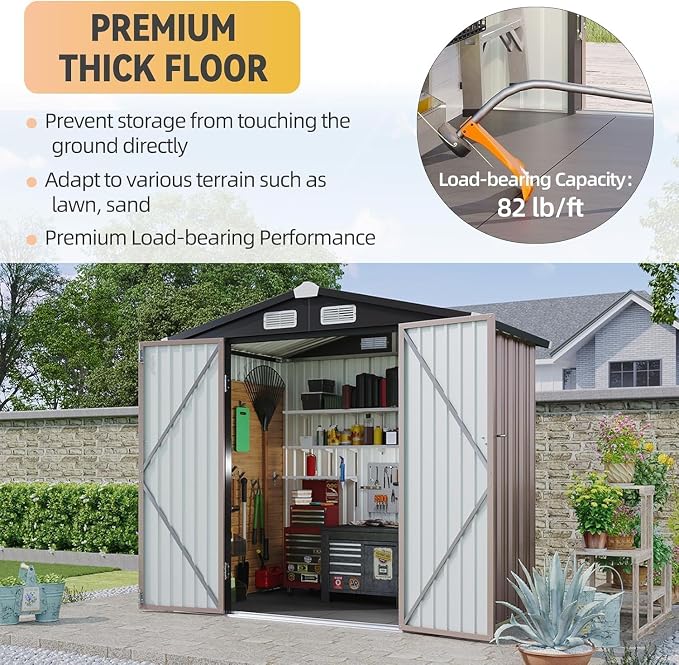 Aoxun 6x4ft Shed with Floor Heavy-Duty Galvanized Steel Outdoor Storage Shed with Double Doors, Ventilated Weatherproof Design for Bike/Generator/Tool Organization (Brown with Floor)