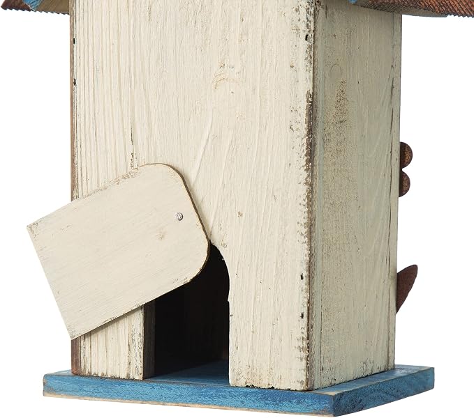 Glitzhome Bird House for Outdoor Hanging, 10.2" H Garden Decorative Birdhouse Pet Cottage Distressed Wooden Bird House for Outside, Bird Nest Box for Bluebird Wren Chickadee Sparrow, Flower White