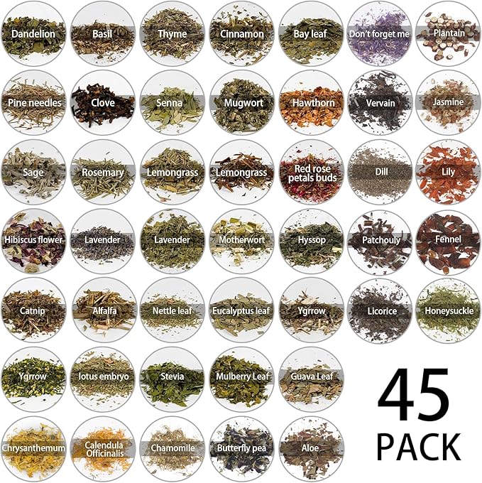 Witchcraft Supplies Herbs - 45 Bottles Dried Herbs Kit for Beginners - Altar Supplies Healing Herbal Natural Herbs Crystal Spoon for Wicca, Pagan Magic Spells and Bath