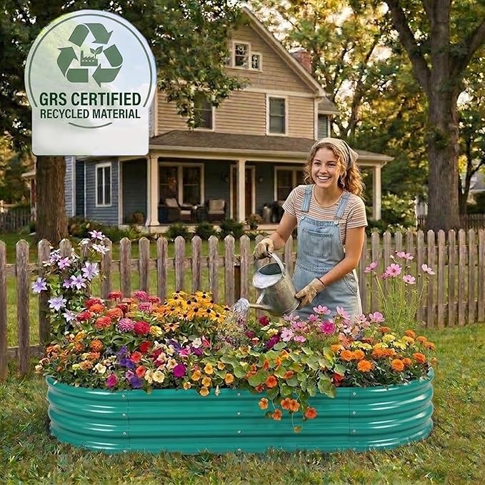 Rakukiri Raised Garden Bed GRS Certified Galvanized Planter Box Outdoor, 6.5ft Oval Rot-Resistant Metal Garden Bed Planter, Recycled Material Planter for Vegetables Flowers Herbs (Green)