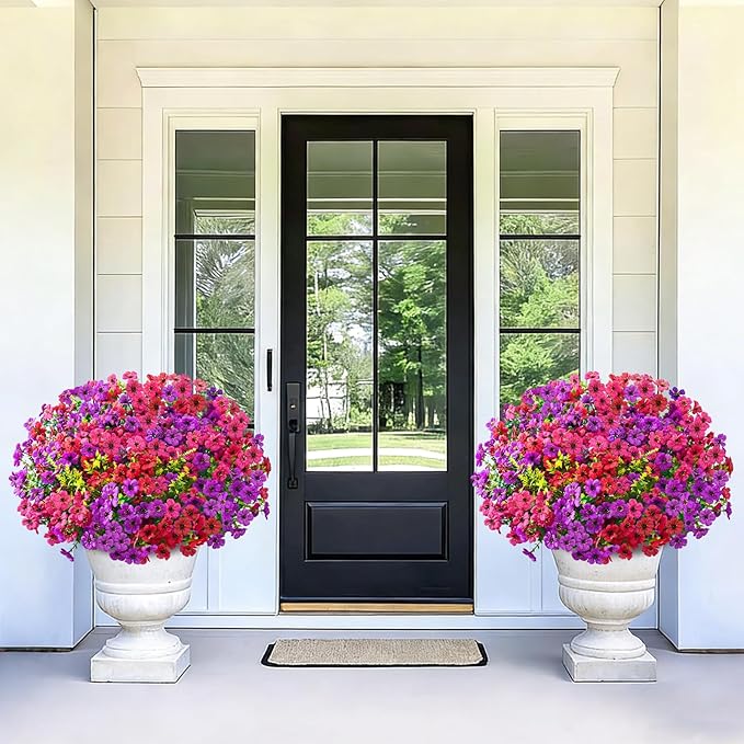 Artificial Flowers for Outdoors, 34 Bundles UV Resistant Fake Outdoor Flowers, Realistic Faux Outdoor Flowers for Decoration, Outside Fake Plants for Porch Garden Decor, Mixed Rose Red Purple