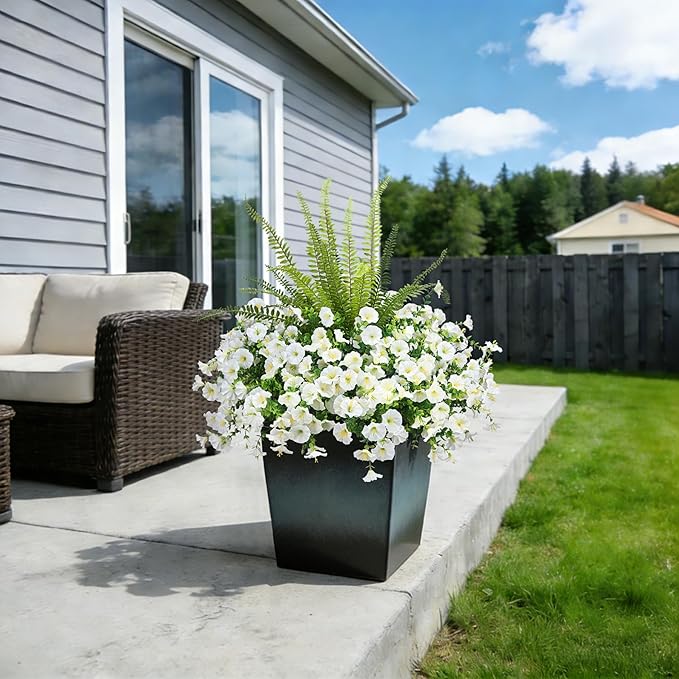 Hrobek Artificial Flowers for Outdoors Faux Plants Outside Indoor,UV Resistant Silk Fake Morning Glory Tall Ferns for Home Patio Garden Back Yard Front Porch Decor Spring Summer(13 Bunches,White)