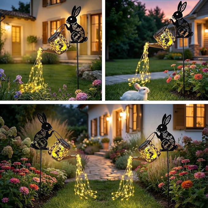 LOVERUIS Garden Statues Bunny with Solar Watering Can Lights, Cute Outdoor Bunny Figurines Garden Decor for Patio Yard Lawn Ornaments, Unique Gift for Women Mom