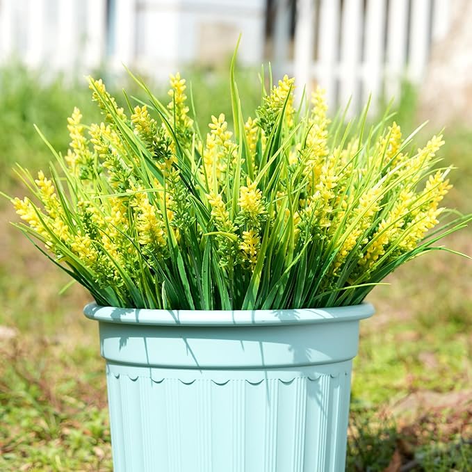 20 Bundles Artificial Plants Outdoor, UV Resistant Fake Flowers， Realistic Faux Lavender Shrubs for Porch Garden Window Box Home Decoration (Yellow)