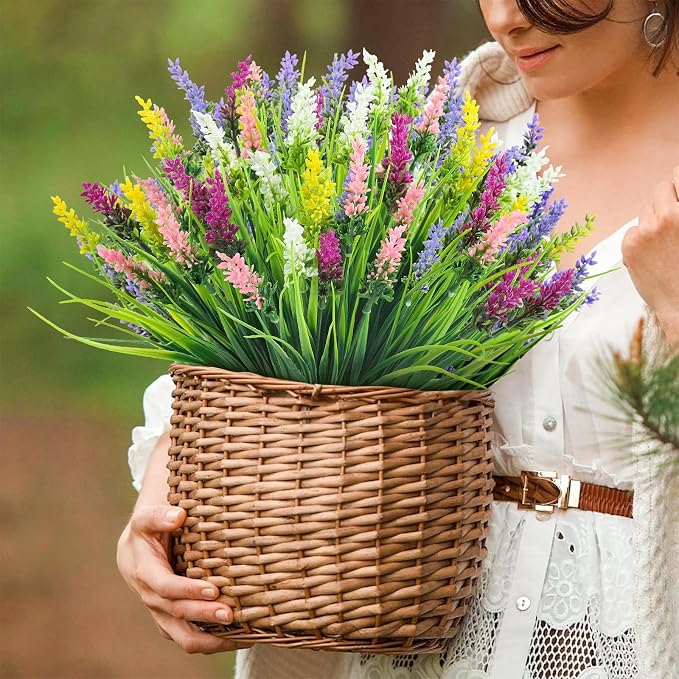 N&T NIETING 10 Bundles Artificial Plants Outdoor Fake Monkey Grass with Flowers Summer Plastic Faux Greenery for Pot Garden Verandah Decor Window Patio Hanging Planter Pathway Front Porch (Mix Color)