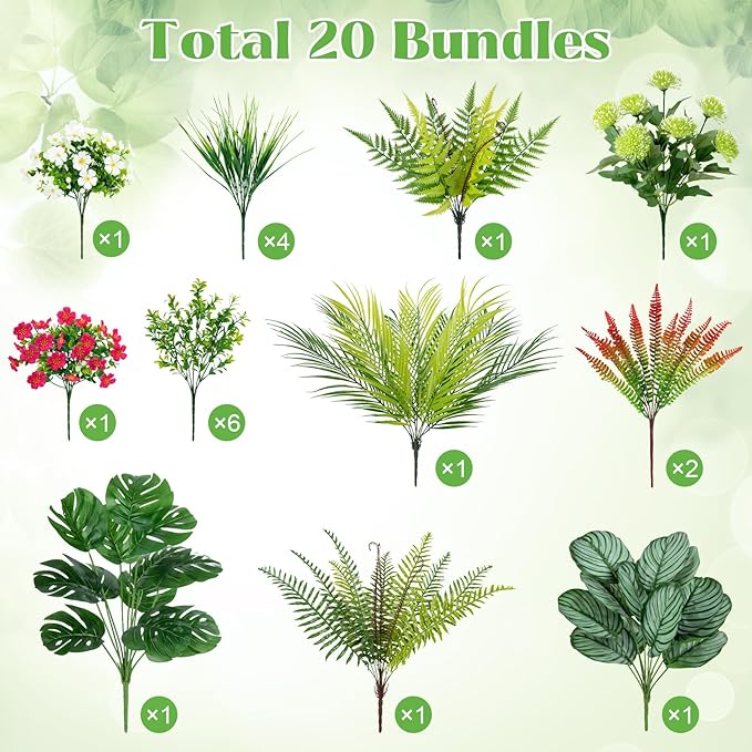 20 Pcs Artificial Plants Outdoor Fake UV Resistant Artificial Flowers Greenery Stems Boston Fern Faux Shrubs Plastic Plants for Garden Porch Planter Window Box Home Decor