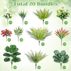 20 Pcs Artificial Plants Outdoor Fake UV Resistant Artificial Flowers Greenery Stems Boston Fern Faux Shrubs Plastic Plants for Garden Porch Planter Window Box Home Decor