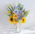 LUEUR Artificial Silk Sunflower with Vase Fake Flowers in Vase Centerpiece Coffee Table Decor, Fake Plant Blue Daisy Flower Arrangement for Spring & Summer Decorations Indoor Home Office Living Room
