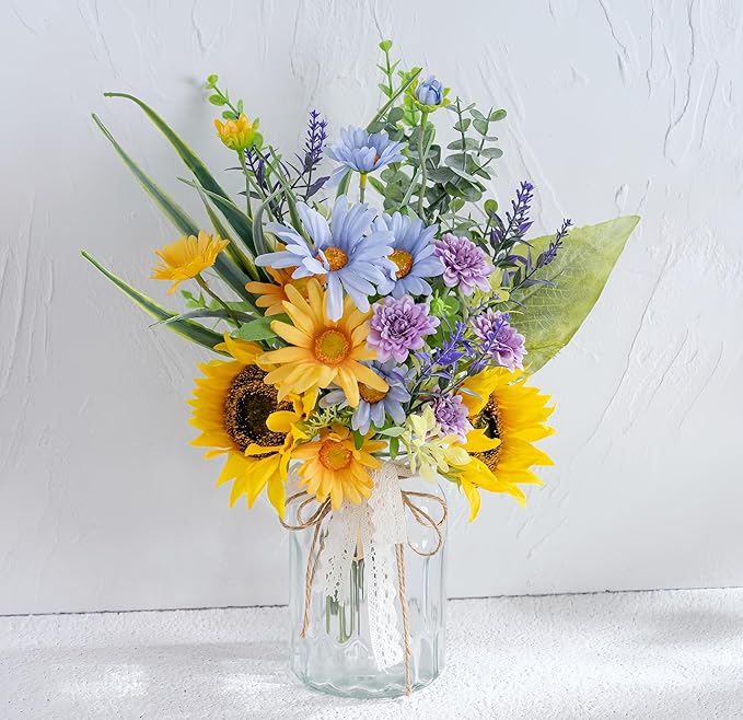LUEUR Artificial Silk Sunflower with Vase Fake Flowers in Vase Centerpiece Coffee Table Decor, Fake Plant Blue Daisy Flower Arrangement for Spring & Summer Decorations Indoor Home Office Living Room