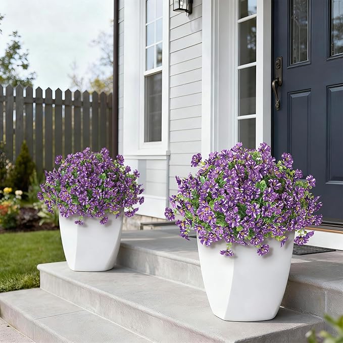 Artificial Morning Glory & Eucalyptus Topiary Trees - Set of 2 Faux Silk Flower Potted Plants, UV-Resistant Fake Outdoor Morning Glory Bushes for Front Door, Yard, Farmhouse, Garden Decor (Purple)