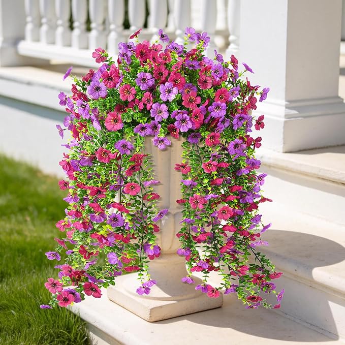 Artificial Hanging Flowers Plants for Outdoor Spring Summer Decoration, 2PCS Faux Silk Daisy UV Resistant Look Real for Outside Home Indoor Planter Porch Garden Yard Decor(Light Purple Red)