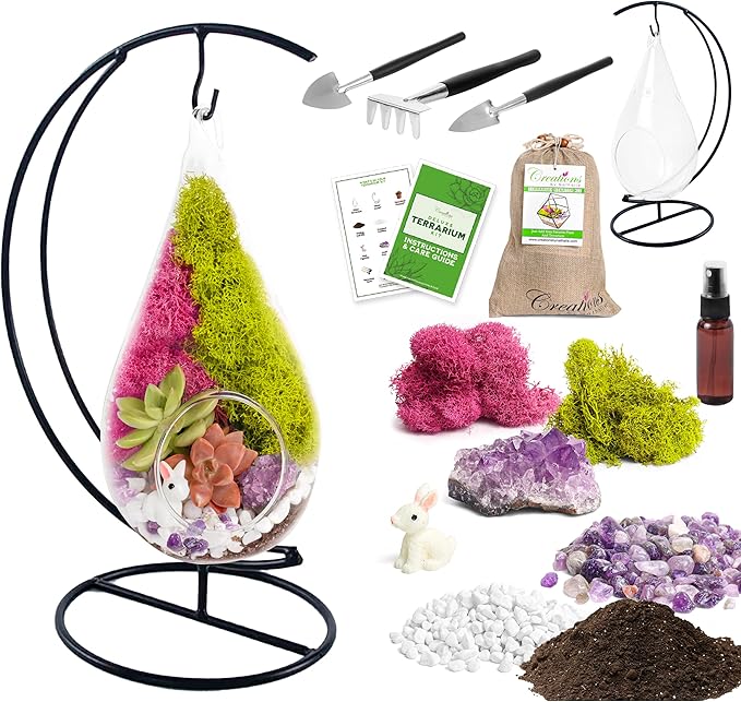 Creations by Nathalie DIY 7" DIY Teardrop Terrarium Kit - Build Your Own Glass Terrarium for Adults & Teens with Moss, Crystals, Tools & Decorative Figurine - Mini Ecosystem (Plant Not Included)