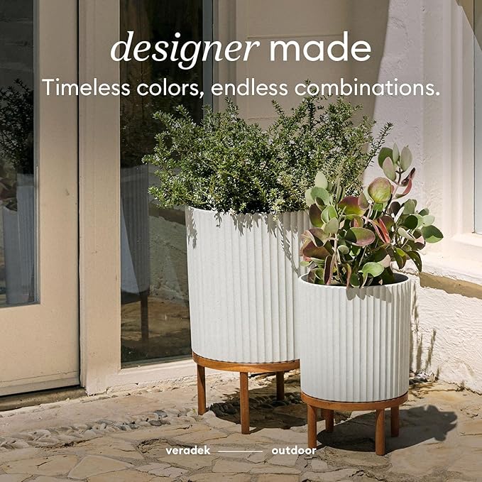 Veradek Demi Series Round Planter w/Stand for Porch/Patio | Durable Plastic-Stone Composite & Wooden Stand | Modern Décor for Tall Plants, Flowers