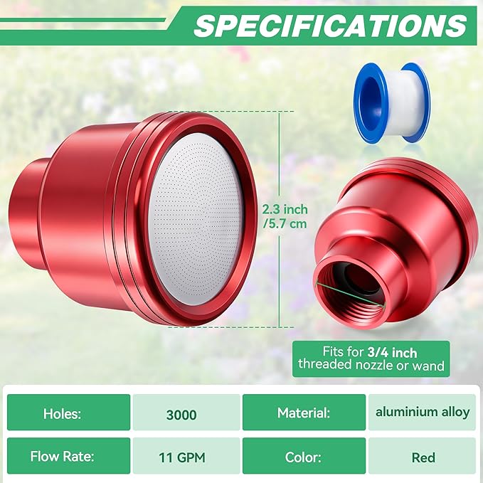Dreyoo 1 Pack Water Nozzle with 3000 Tiny Holes, 3/4'' Aluminium Alloy Garden Hose Shower Head with PTFE Thread Seal Tape for Outdoor Watering Flowers, Plants, Greenhouse, Nurseryman (2.36'',Red)