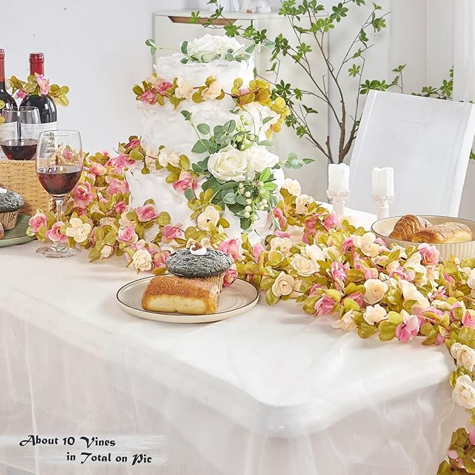 8 Pcs x 8.2 ft Flower Garland Artificial Rose Vine Flowers with Green Leaves Hanging Fake Roses Vine for Room Party Home Wedding Birthday Christmas Wall Arch Decor, Champagne Pink Flower