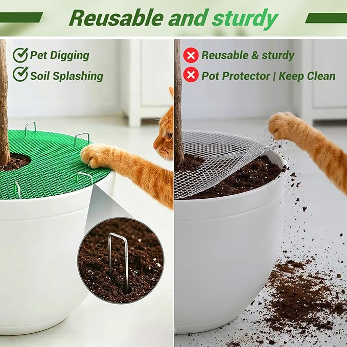 Plant Pot Grid Set, 15.7" W x 118" L Indoor Plant Protector from Cats, Cuttable Pot Soil Cover Protector from Animals with Stakes & Zip Ties for Garden Balcony, Fits Different Pot Sizes(Green)