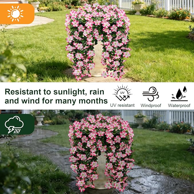 Artificial Geranium Hanging Flowers for Outdoor Decoration, 2 Bundles UV Resistant Silk Geranium Fake Plants Faux Flowers for Front Porch Garden Patio Window Box Outside Indoor Decor (Pink)