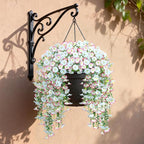 Artificial Hanging Flowers for Outdoors, 4 PCS 600 Blooms UV Resistant Morning Glory Faux Silk Vines, No-Odor Realistic Fake Plants for Garden Planter Porch Patio Decoration, Blue & White