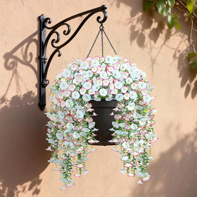 Artificial Hanging Flowers for Outdoors, 2 PCS 300 Blooms UV Resistant Morning Glory Faux Silk Vines, No-Odor Realistic Fake Plants for Garden Planter Porch Patio Decoration, Blue & White