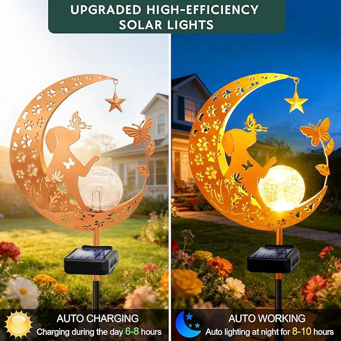 ZNYCYE Solar Garden Decor Outdoor Statue, Moon Fairy Garden Figurines with Dog Design for Mom Women Grandma Solar Stake Lights for Patio, Yard, Lawn, Pathway (Warm White)