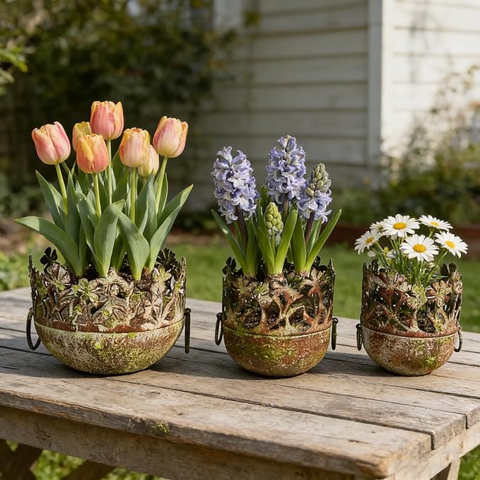 3 Piece Vintage Metal Planter Set, Rustic Distressed Farmhouse Flower Pots with Handles for Indoor Outdoor Garden, Tabletop Centerpieces & Wedding Decor