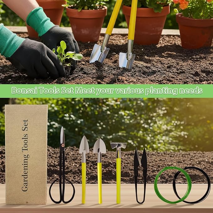 MOSFiATA Bonsai Tools Set 7Pcs, Bonsai Tree Tools Kit Succulent Trimming Tools Include Scissors, Cutters, Rake, Round and Pointed Shovel &Training Wire for Bonsai Beginner Gardening Gifts