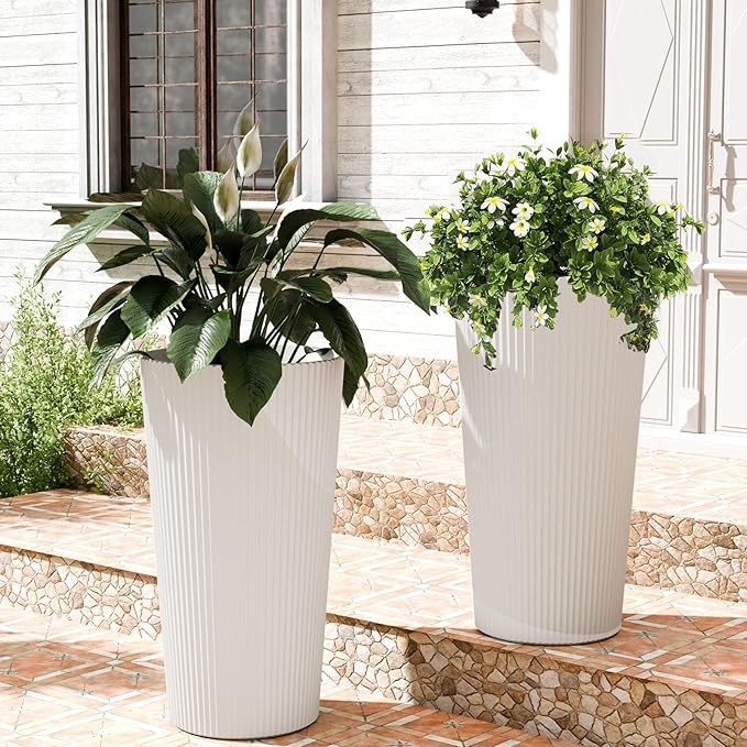 23.6" H Tall Planters for Outdoor Plants, 2 Pack Large Outdoor Planters for Front Porch Decor with Drainage Hole, Plastic Striped Flower Pots Fits Indoor Plants Patio Garden, Black