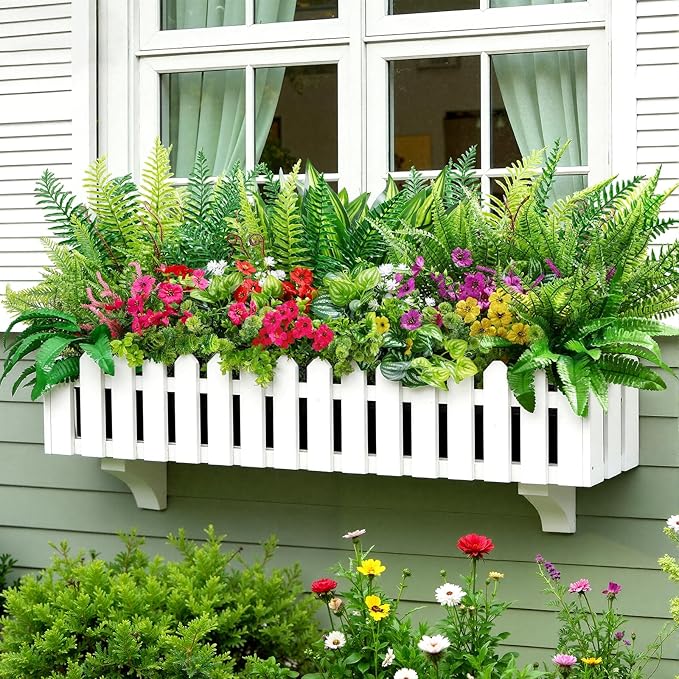 Alupssuc 24 Pcs Artificial Plants Flowers for Outdoors, Realistic Faux UV Resistant Greenery & Silk Flowers,Fake Plastic Shrubs Stems No Fade for Indoor Outside Garden Patio Spring Planter Home Decor