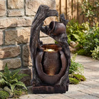 32" H Outdoor Water Fountain, Rustic 2-Tier Clay Pot Water Fountain and Waterfalls with 2 Warm LED Lights, Natural Feature Garden Fountains for Patio, Backyard, Deck, Porch, Home Decor