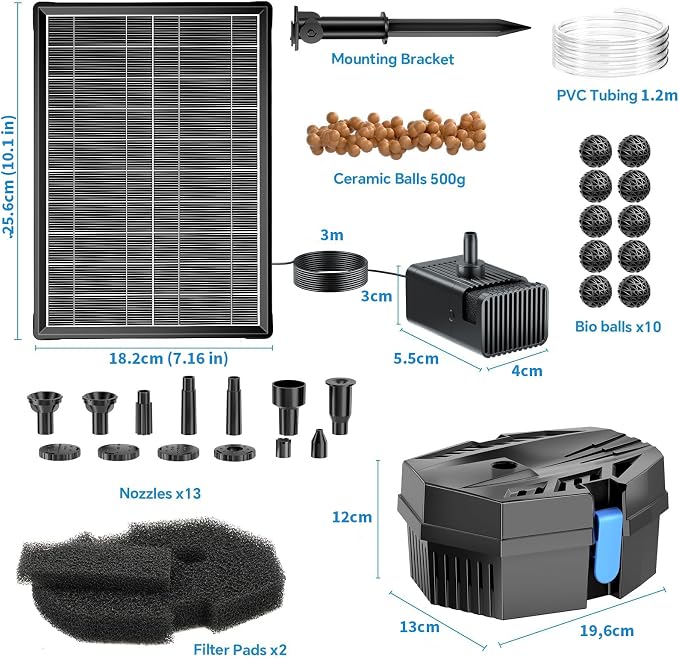 POPOSOAP Solar Pond Filter with Fountain Pump Built-in Battery Backup | 8W Solar Pond Pump with 8 Nozzles & 5Ft PVC Tubing, Dry-Run Protection for Outdoor Ponds Bird Baths DIY Water Feature