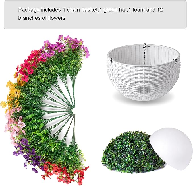 HyeFlora Artificial Faux Hanging Flowers Plants Basket for Outdoor Outside Decoration, Fake Silk Colorful Daisy in Planter for Porch Patio Garden Yard Home