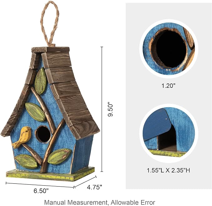 Glitzhome Hanging Bird House for Outdoor, 9.5"H Decorative Pet Cottage Distressed Wooden Bird House with Natural Wood Slatted Roof and 3D Tree for Bluebird Swallow Sparrow Finch Cardinals,Washed Blue