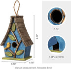 Glitzhome Hanging Bird House for Outdoor, 9.5"H Decorative Pet Cottage Distressed Wooden Bird House with Natural Wood Slatted Roof and 3D Tree for Bluebird Swallow Sparrow Finch Cardinals,Washed Blue