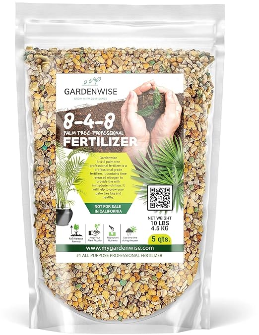 Gardenwise 8-4-8 Professional Palm Tree Fertilizer Plant Food; for Indoor Potted Plants and Outdoor Landscape Palm Trees; Quick-Release Nitrogen Fertilizer and Continuous Feeding (5 QUARTS)
