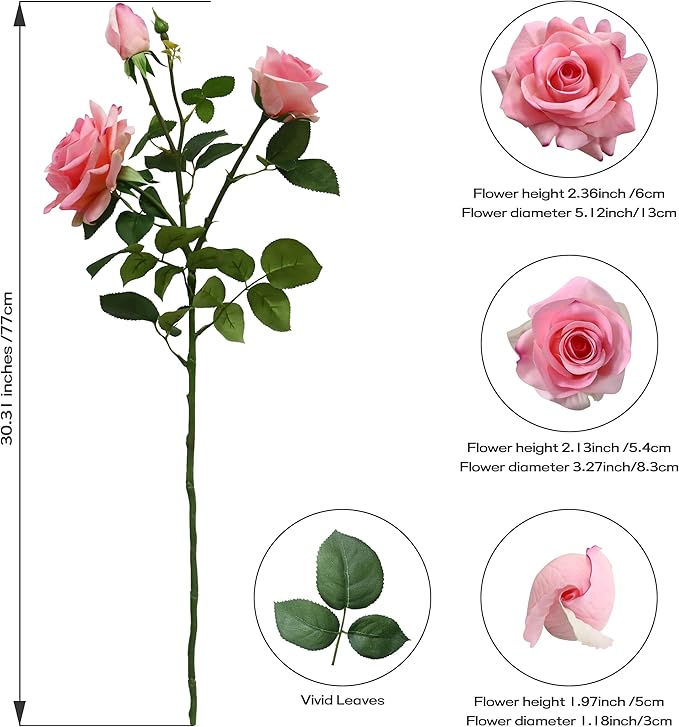 Pink Roses Artificial Flowers Indoor,Realistic Fake Flowers 5 Bouquets (15 Heads) for Living Room Decor,Real Touch Fake Plants for Bathroom Kitchen Office Wedding Table Shower Decor (No Vase)