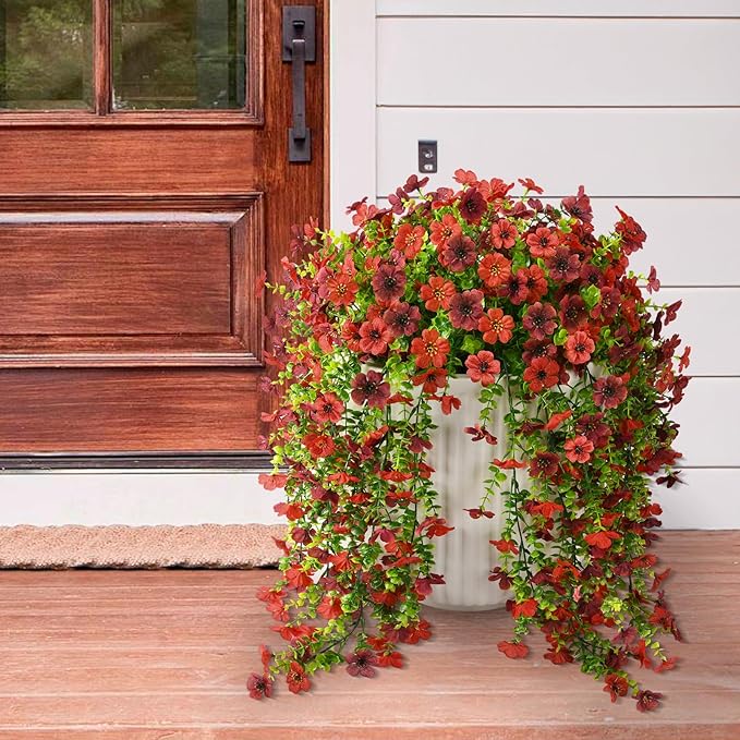 Artificial Hanging Flowers Plants for Outdoor Spring Decoration, 2PCS Faux Silk Daisy UV Resistant Look Real for Outside Home Indoor Planter Porch Garden Yard Decor(Red Brown)