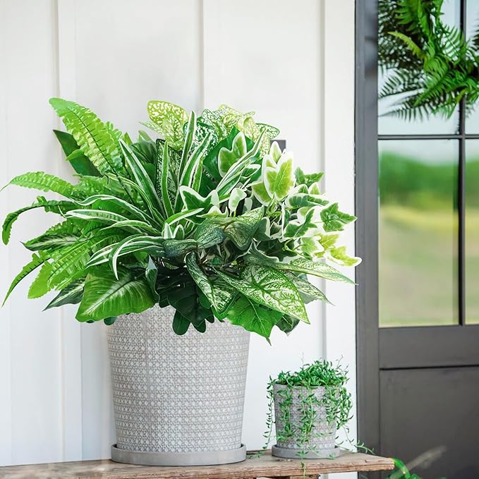 obbsie 16 Bunches Fake Plants Outdoor UV Resistant Artificial Bushes Green Boxwood Shrubs Faux Plastic Plants Greenery Stems for Spring Outdoor Garden Patio Front Porch Yard Home Decor