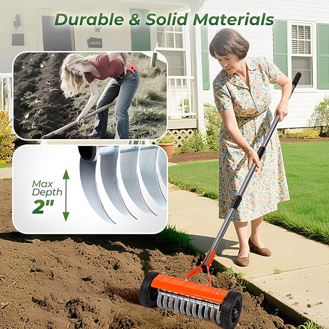 Walensee Dethatching Roller Rake with 76.8'' Adjustable Handle, Lawn Dethatcher Rake with 2mm Stainless Steel Blades,Thatch Remover, Soil Aerator & Loosening Tool for Moss, Leaves, Yard Lawn Care