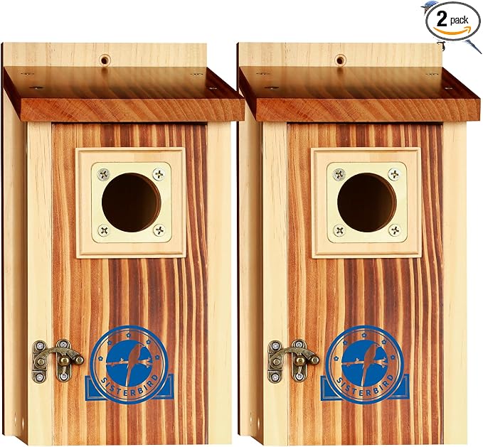 SISTERBIRD Pack of 2 Premium Bluebird Houses for Outside, Assembled Bird House Gift, Garden Decoration Bluebird House, Copper Predator Guard, Easy to Clean Bird Nesting